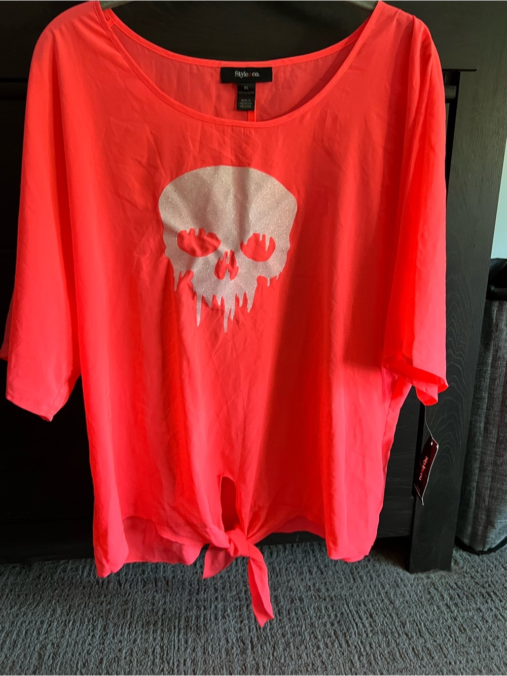 Style & Co. Girls Neon Coral Tie-Front Top with Glitter Skull
